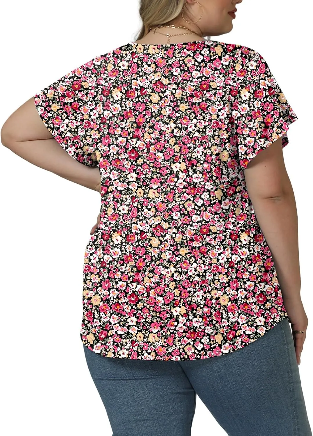 ROSRISS Plus Size Tops for Women Summer Short Ruffle Sleeve Shirts Casual Trendy Crew Neck Tees Loose Fit Smocked Blouses