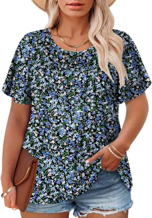 ROSRISS Plus Size Tops for Women Summer Short Ruffle Sleeve Shirts Casual Trendy Crew Neck Tees Loose Fit Smocked Blouses