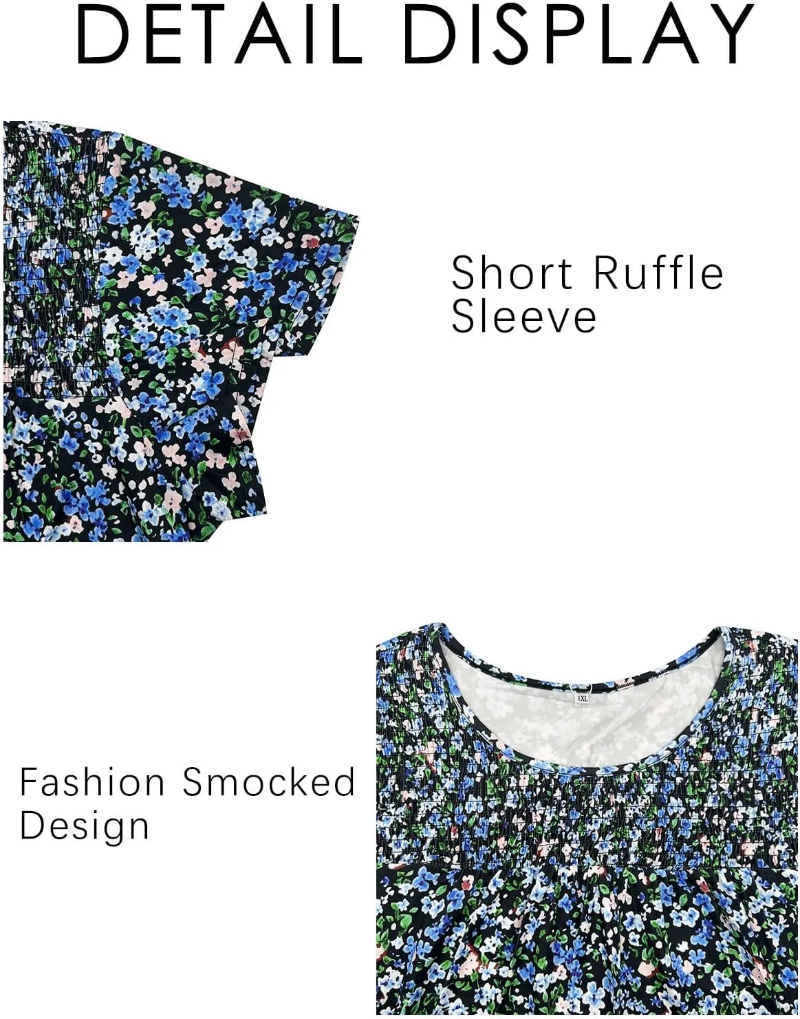 ROSRISS Plus Size Tops for Women Summer Short Ruffle Sleeve Shirts Casual Trendy Crew Neck Tees Loose Fit Smocked Blouses