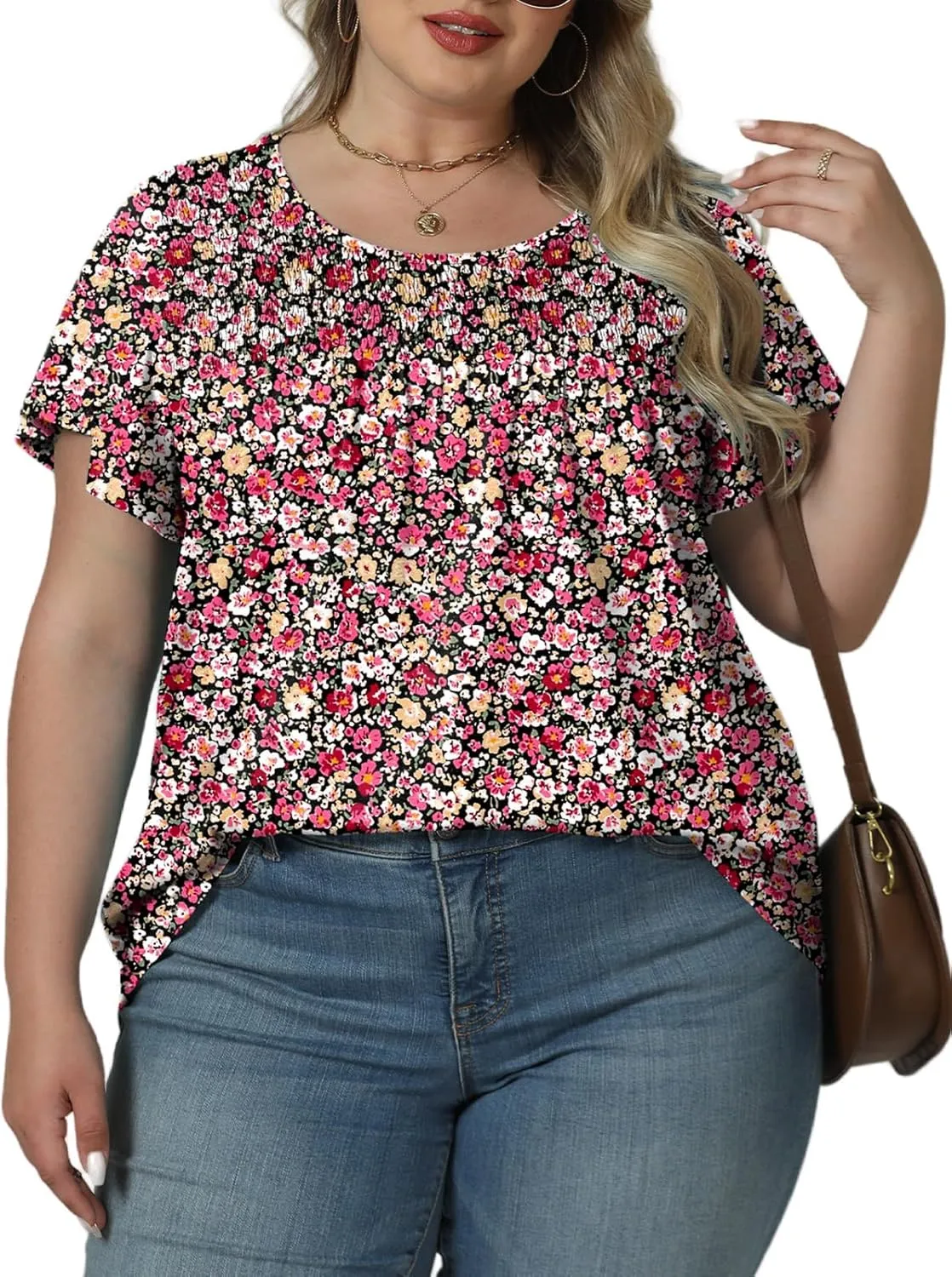 ROSRISS Plus Size Tops for Women Summer Short Ruffle Sleeve Shirts Casual Trendy Crew Neck Tees Loose Fit Smocked Blouses