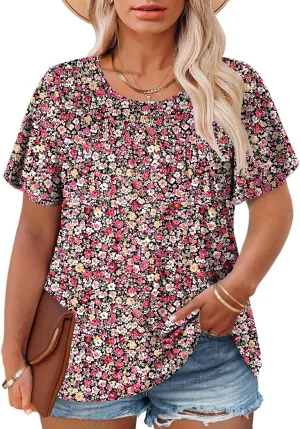 ROSRISS Plus Size Tops for Women Summer Short Ruffle Sleeve Shirts Casual Trendy Crew Neck Tees Loose Fit Smocked Blouses