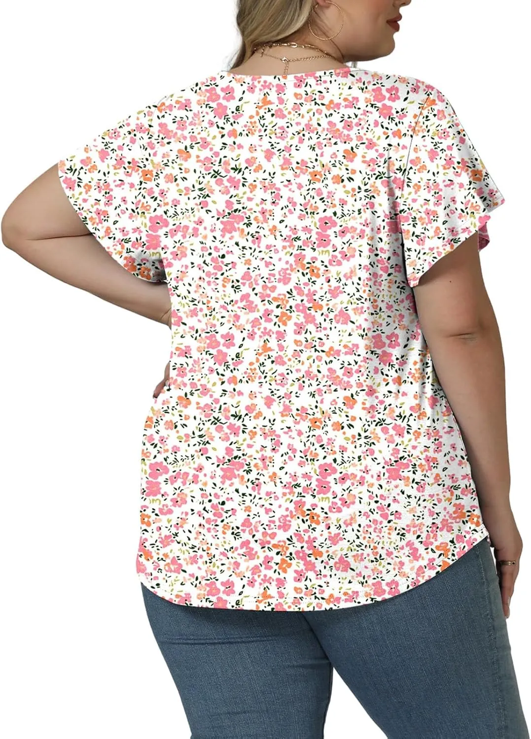 ROSRISS Plus Size Tops for Women Summer Short Ruffle Sleeve Shirts Casual Trendy Crew Neck Tees Loose Fit Smocked Blouses