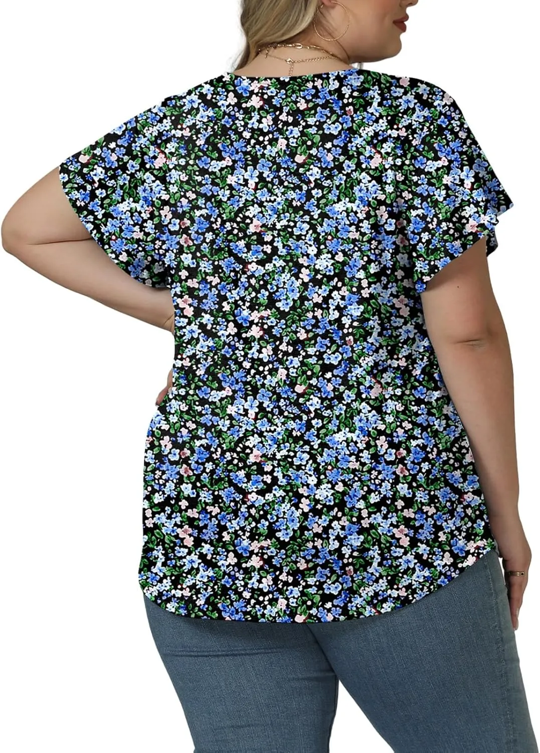 ROSRISS Plus Size Tops for Women Summer Short Ruffle Sleeve Shirts Casual Trendy Crew Neck Tees Loose Fit Smocked Blouses