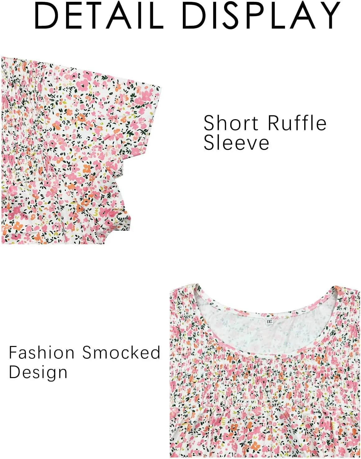 ROSRISS Plus Size Tops for Women Summer Short Ruffle Sleeve Shirts Casual Trendy Crew Neck Tees Loose Fit Smocked Blouses