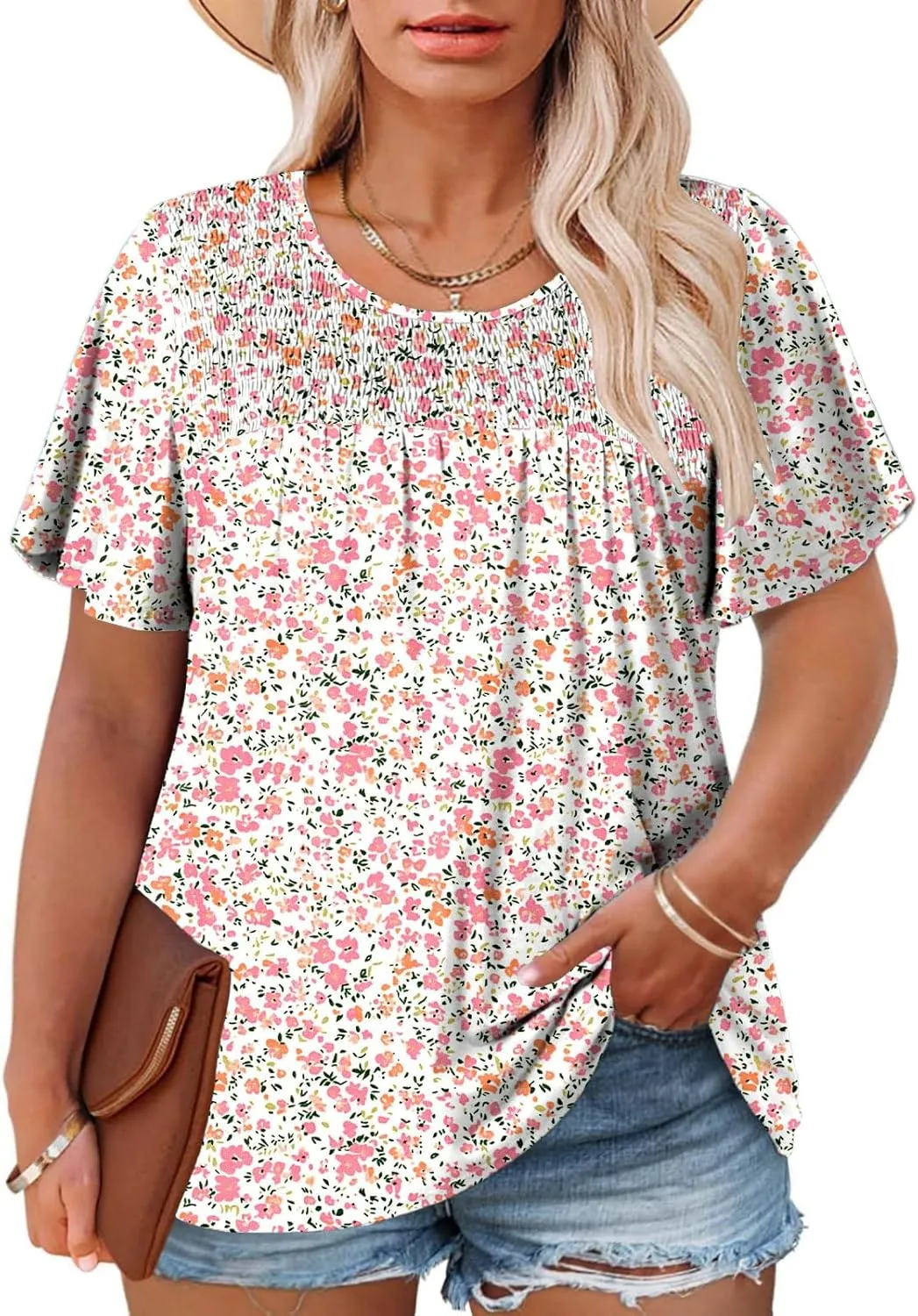 ROSRISS Plus Size Tops for Women Summer Short Ruffle Sleeve Shirts Casual Trendy Crew Neck Tees Loose Fit Smocked Blouses