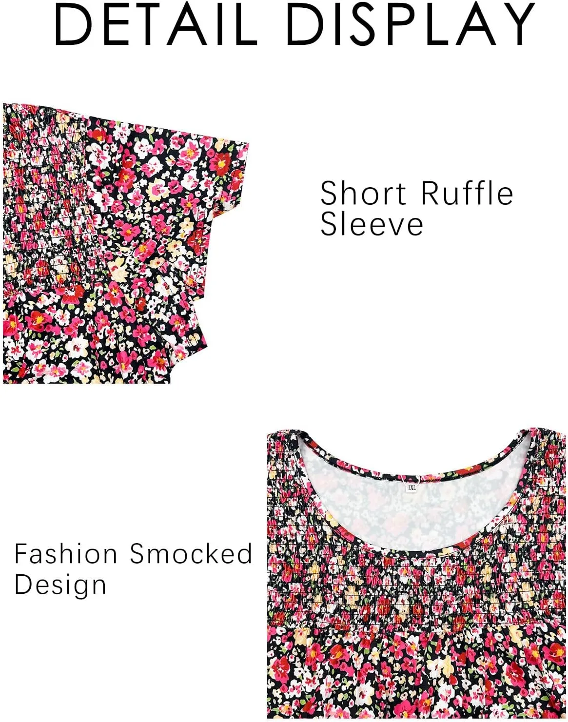 ROSRISS Plus Size Tops for Women Summer Short Ruffle Sleeve Shirts Casual Trendy Crew Neck Tees Loose Fit Smocked Blouses