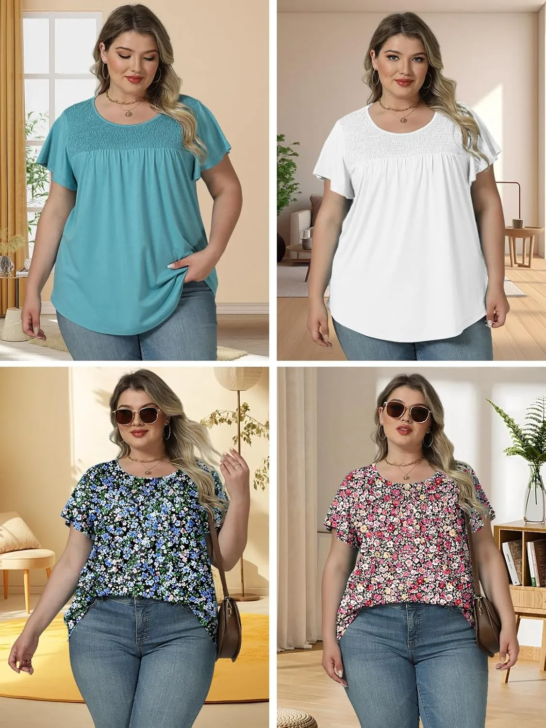 ROSRISS Plus Size Tops for Women Summer Short Ruffle Sleeve Shirts Casual Trendy Crew Neck Tees Loose Fit Smocked Blouses