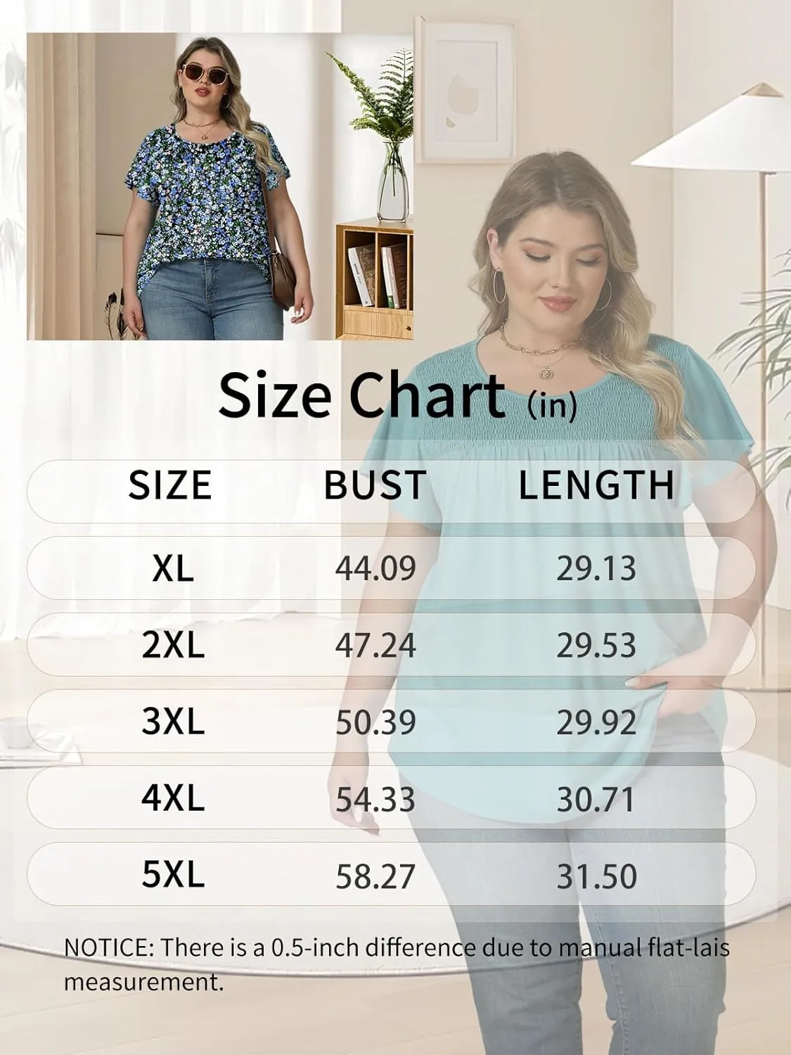 ROSRISS Plus Size Tops for Women Summer Short Ruffle Sleeve Shirts Casual Trendy Crew Neck Tees Loose Fit Smocked Blouses