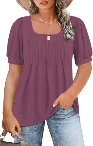 ROSRISS Womens Plus-Size Tops Summer Puff Short Sleeve Scoop Neck Pleated Flowy Shirts