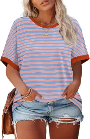 ROSRISS Womens-Plus-Size-Tops Summer Striped Short Sleeve Casual Crewneck Oversized T Shirts Trendy Color Block Basic Tunics