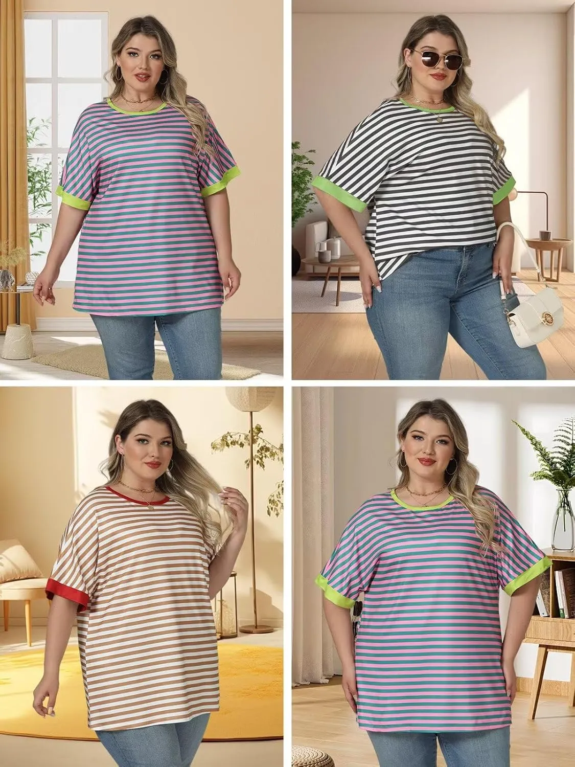 ROSRISS Womens-Plus-Size-Tops Summer Striped Short Sleeve Casual Crewneck Oversized T Shirts Trendy Color Block Basic Tunics