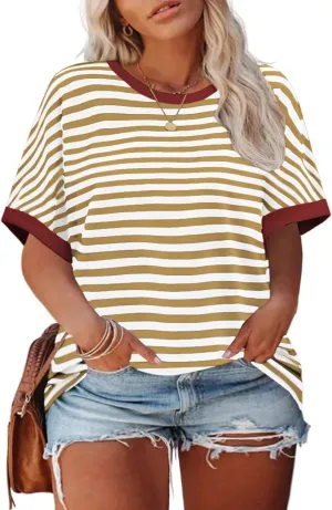 ROSRISS Womens-Plus-Size-Tops Summer Striped Short Sleeve Casual Crewneck Oversized T Shirts Trendy Color Block Basic Tunics