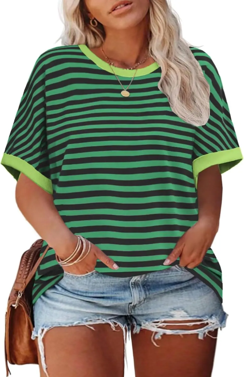 ROSRISS Womens-Plus-Size-Tops Summer Striped Short Sleeve Casual Crewneck Oversized T Shirts Trendy Color Block Basic Tunics