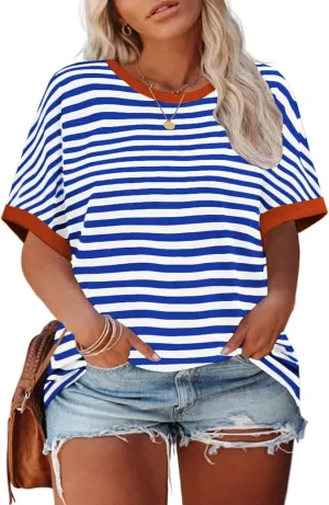 ROSRISS Womens-Plus-Size-Tops Summer Striped Short Sleeve Casual Crewneck Oversized T Shirts Trendy Color Block Basic Tunics