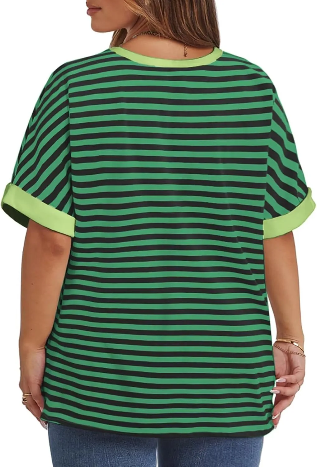 ROSRISS Womens-Plus-Size-Tops Summer Striped Short Sleeve Casual Crewneck Oversized T Shirts Trendy Color Block Basic Tunics