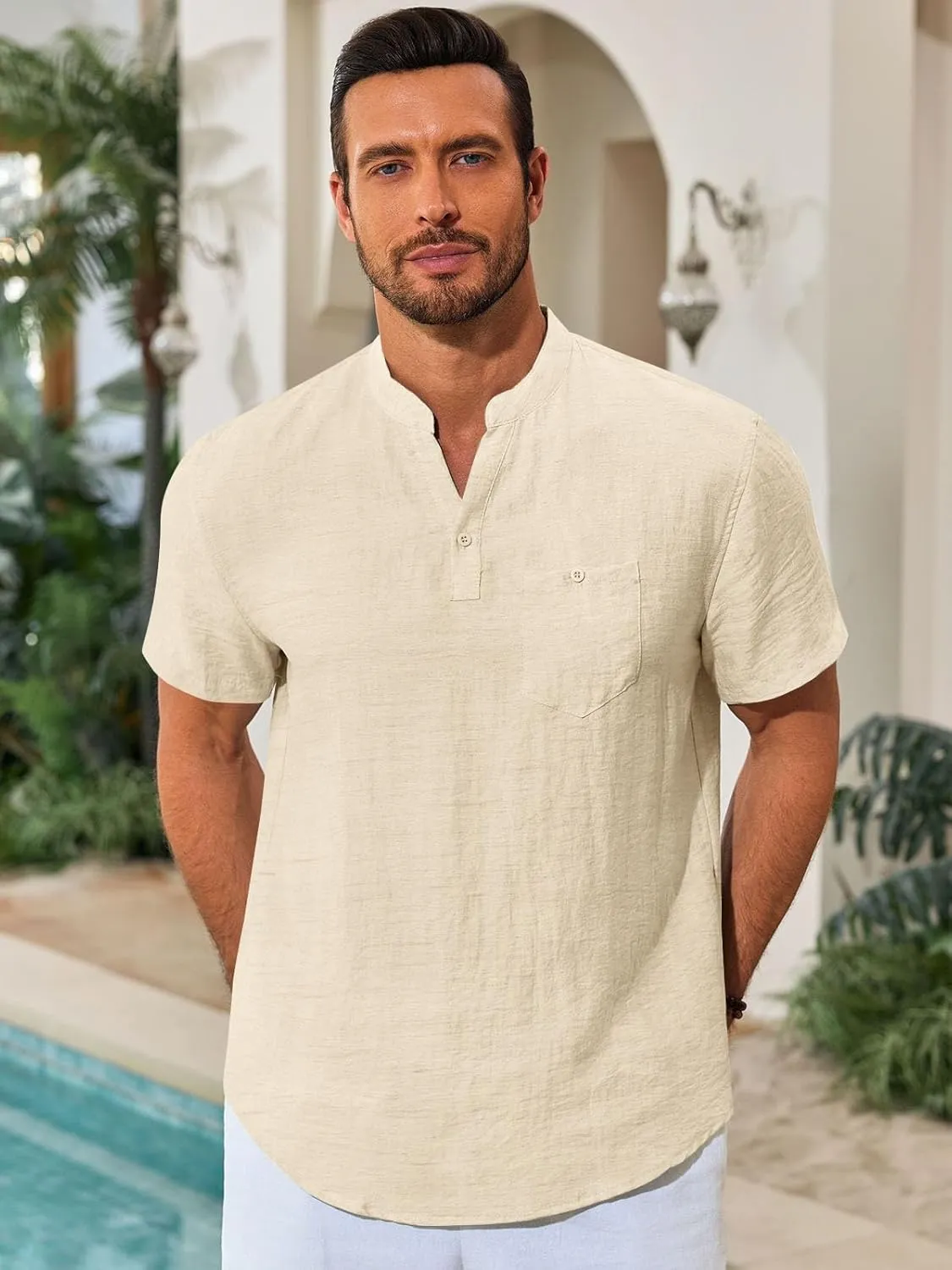 Runcati Mens Henley Shirt Short Sleeve Linen Casual V Neck Summer Beach Hippie Band Collar Textured Tops