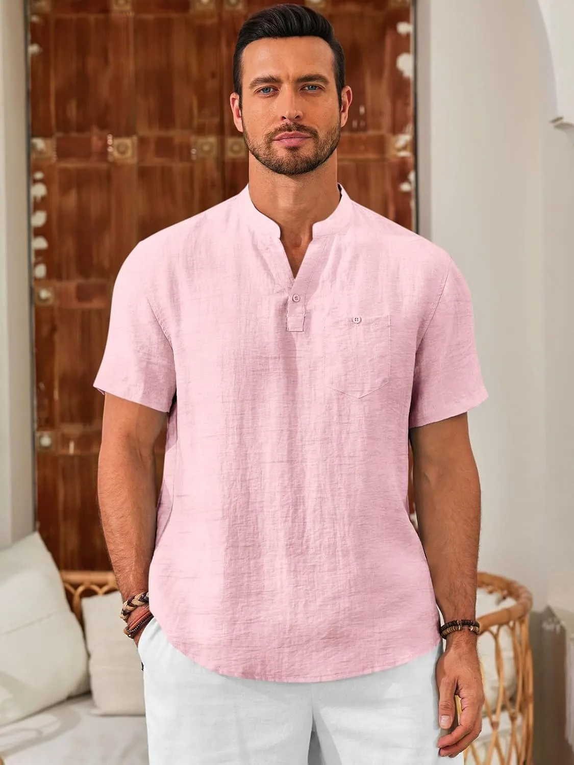Runcati Mens Henley Shirt Short Sleeve Linen Casual V Neck Summer Beach Hippie Band Collar Textured Tops