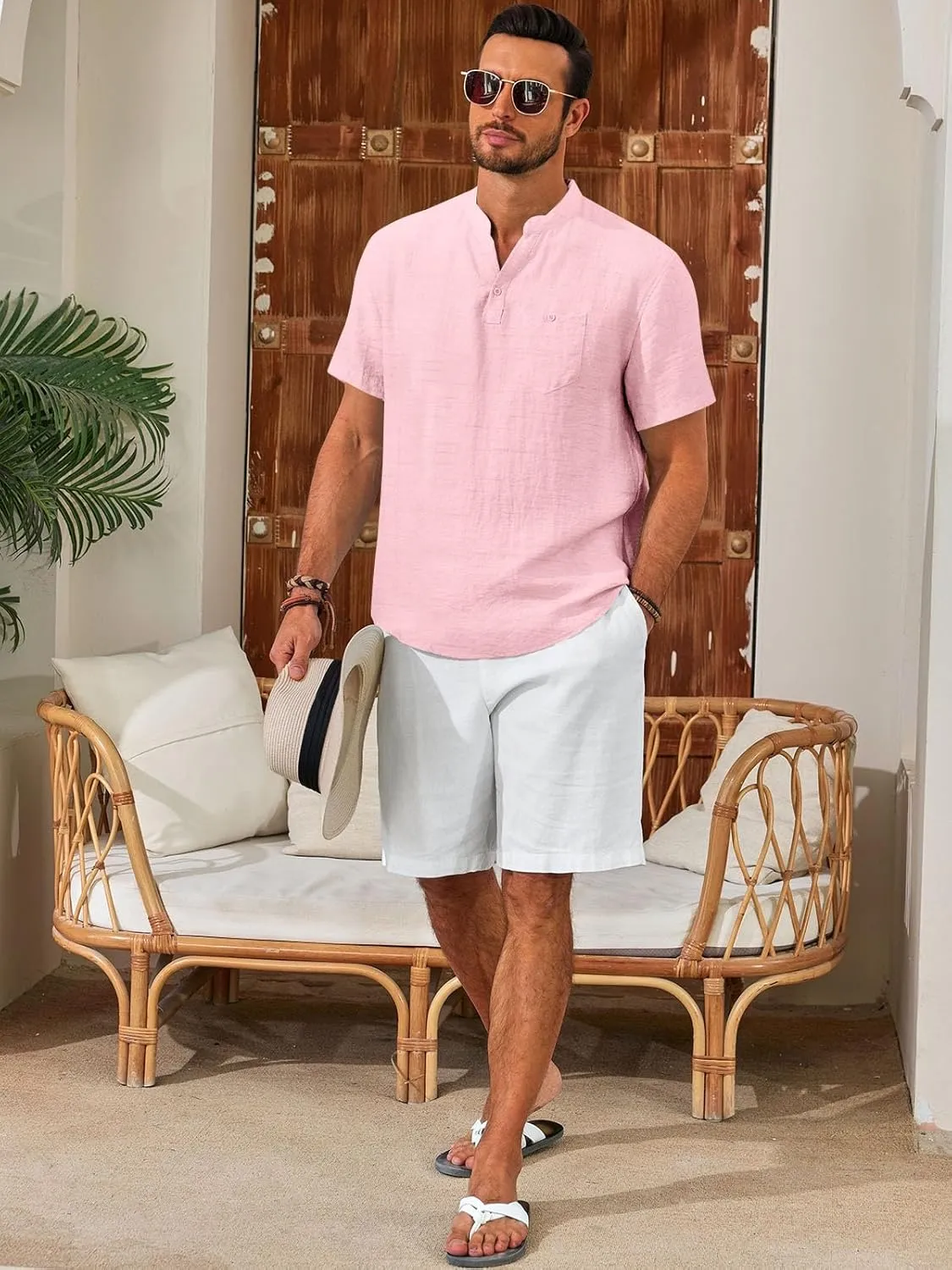 Runcati Mens Henley Shirt Short Sleeve Linen Casual V Neck Summer Beach Hippie Band Collar Textured Tops