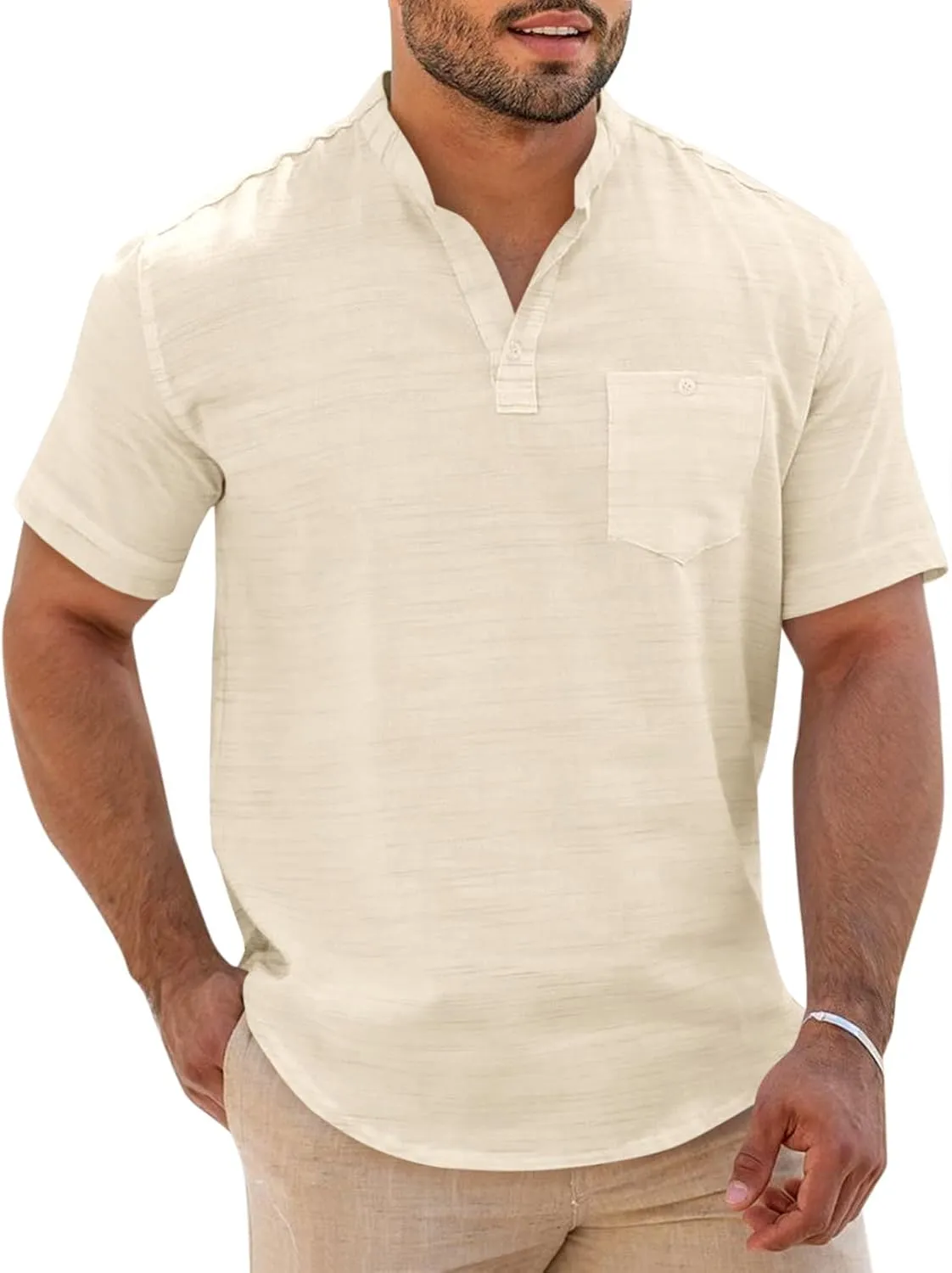 Runcati Mens Henley Shirt Short Sleeve Linen Casual V Neck Summer Beach Hippie Band Collar Textured Tops