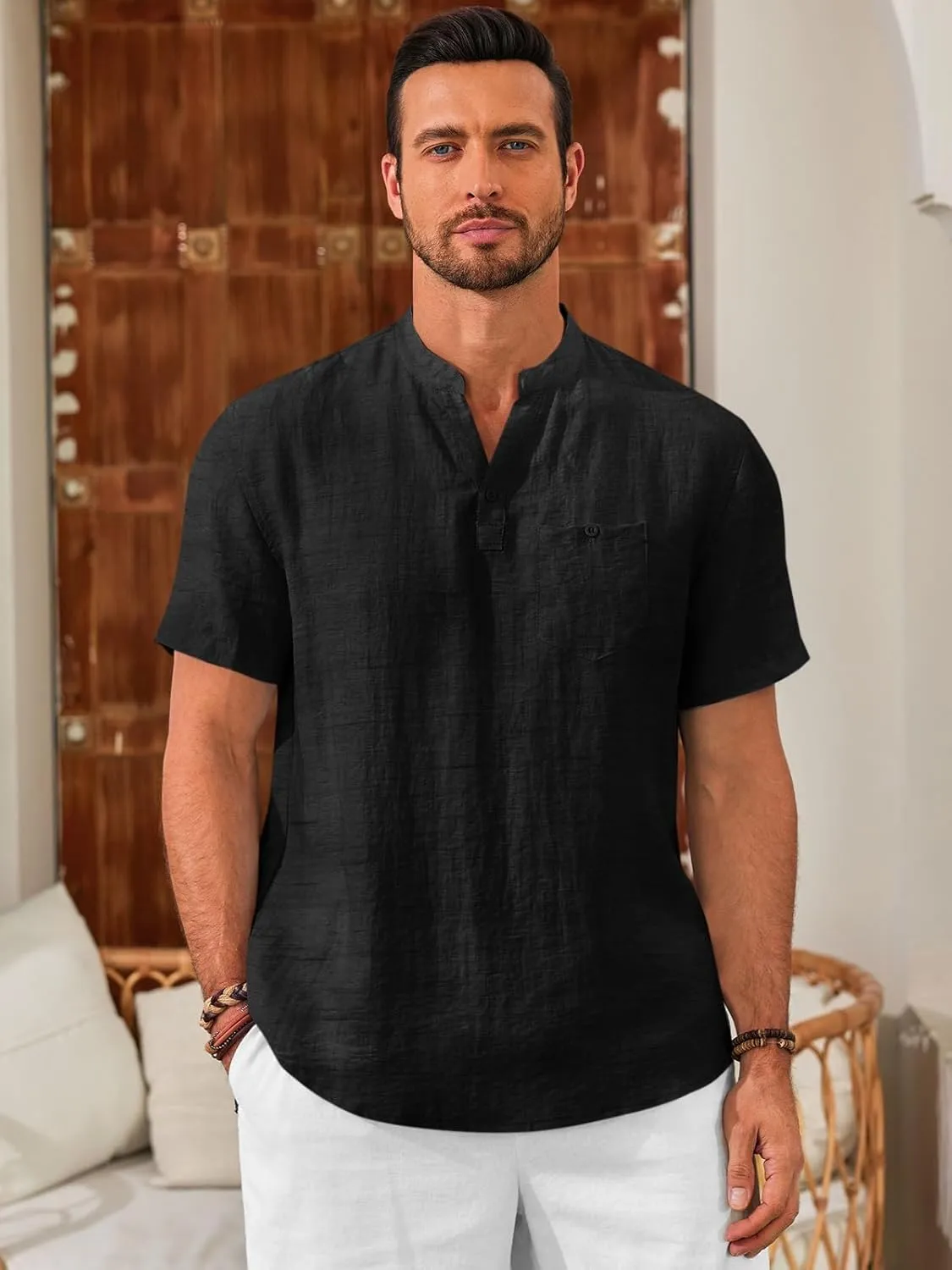 Runcati Mens Henley Shirt Short Sleeve Linen Casual V Neck Summer Beach Hippie Band Collar Textured Tops