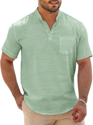 Runcati Mens Henley Shirt Short Sleeve Linen Casual V Neck Summer Beach Hippie Band Collar Textured Tops
