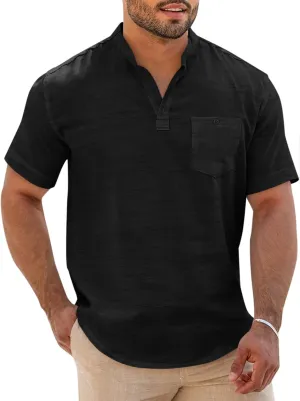 Runcati Mens Henley Shirt Short Sleeve Linen Casual V Neck Summer Beach Hippie Band Collar Textured Tops