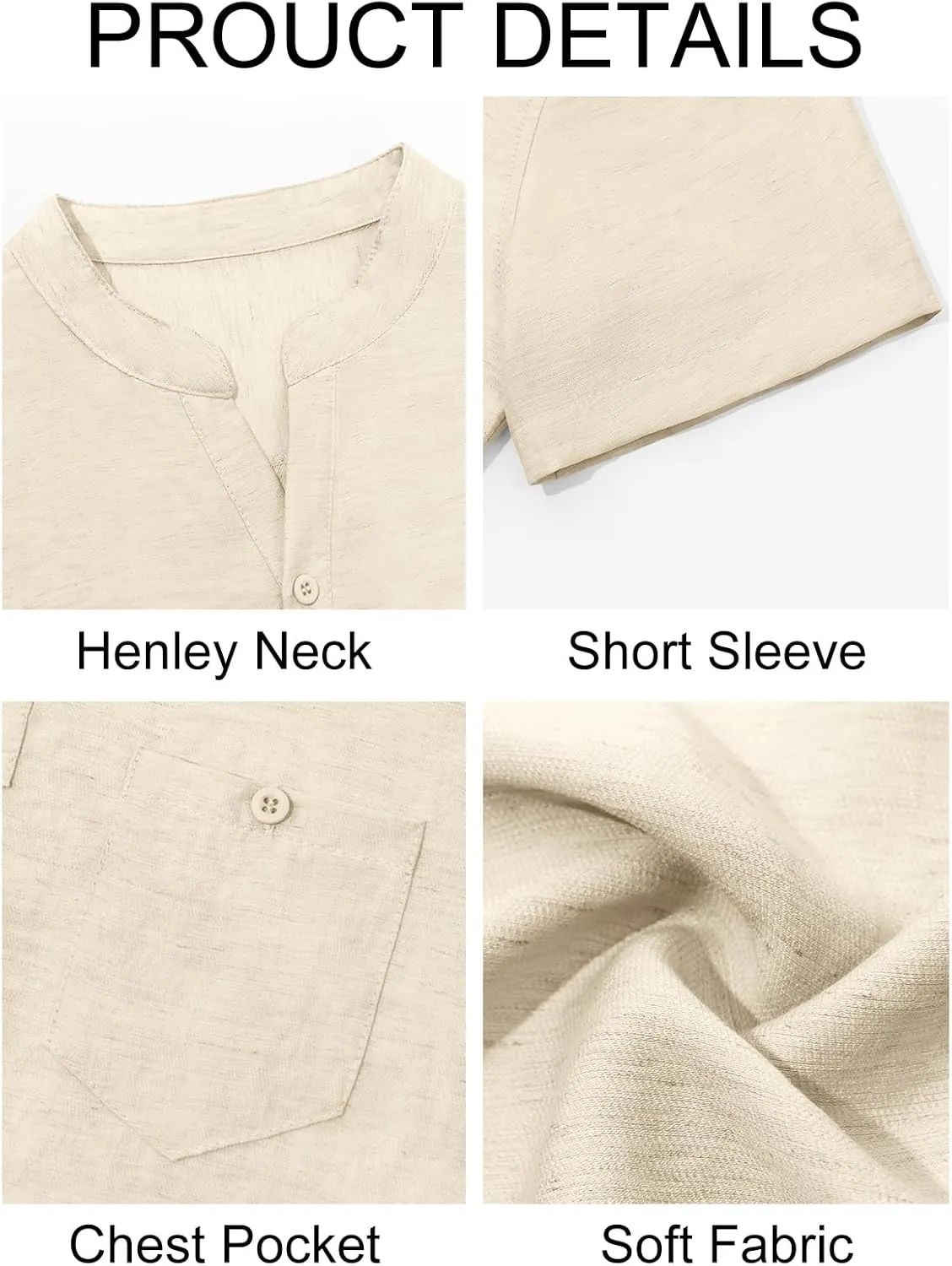 Runcati Mens Henley Shirt Short Sleeve Linen Casual V Neck Summer Beach Hippie Band Collar Textured Tops
