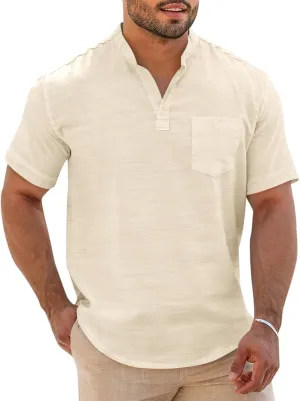 Runcati Mens Henley Shirt Short Sleeve Linen Casual V Neck Summer Beach Hippie Band Collar Textured Tops