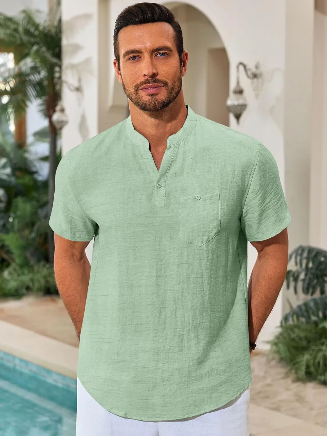 Runcati Mens Henley Shirt Short Sleeve Linen Casual V Neck Summer Beach Hippie Band Collar Textured Tops