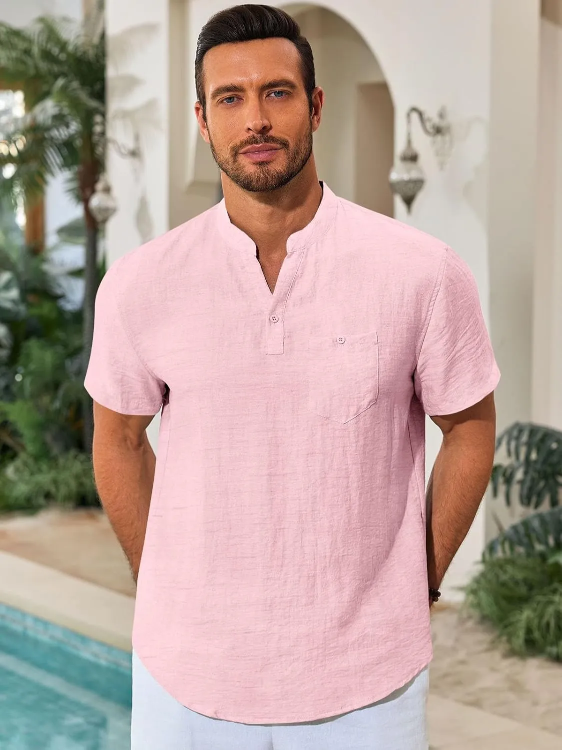 Runcati Mens Henley Shirt Short Sleeve Linen Casual V Neck Summer Beach Hippie Band Collar Textured Tops