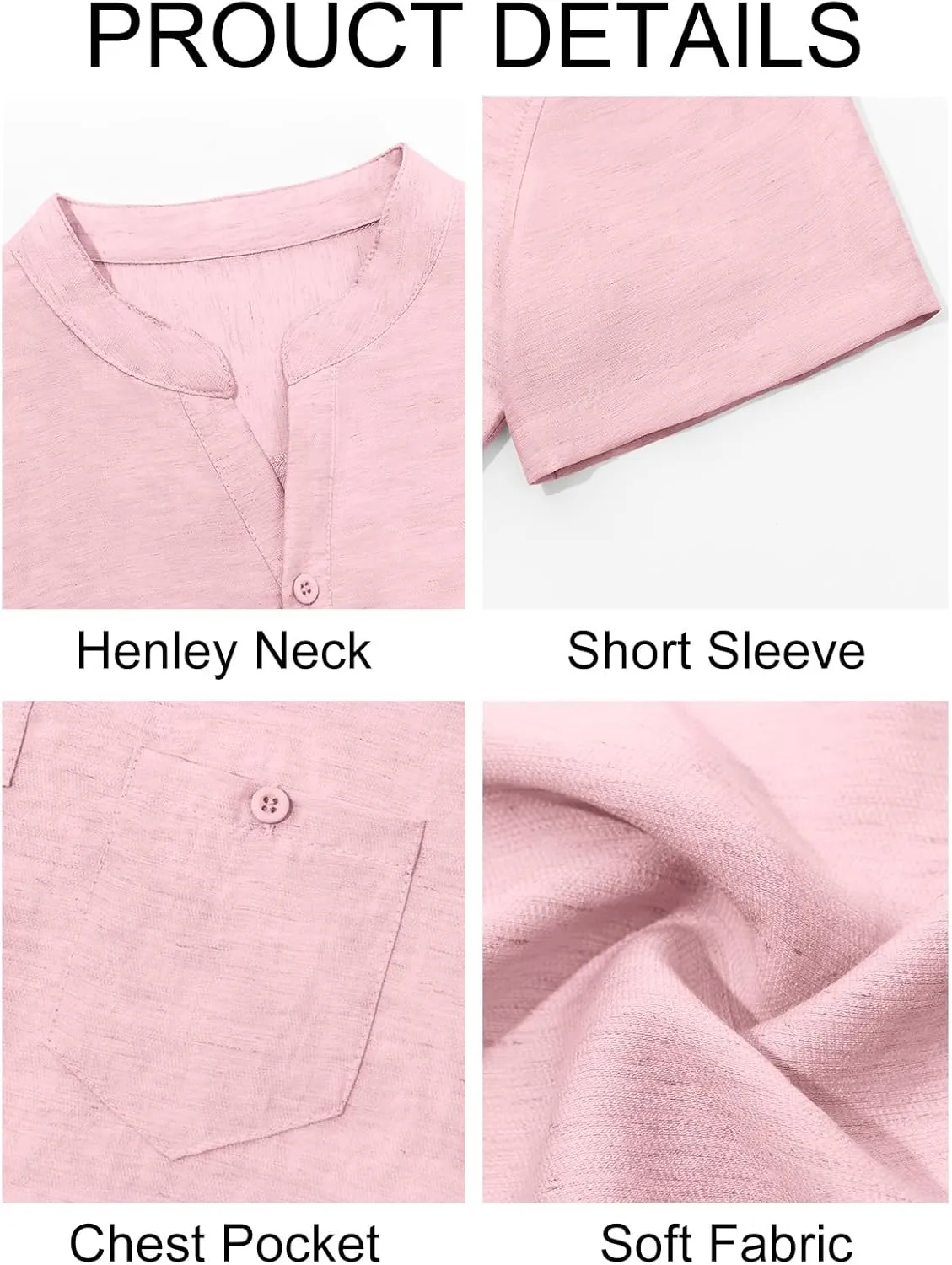 Runcati Mens Henley Shirt Short Sleeve Linen Casual V Neck Summer Beach Hippie Band Collar Textured Tops