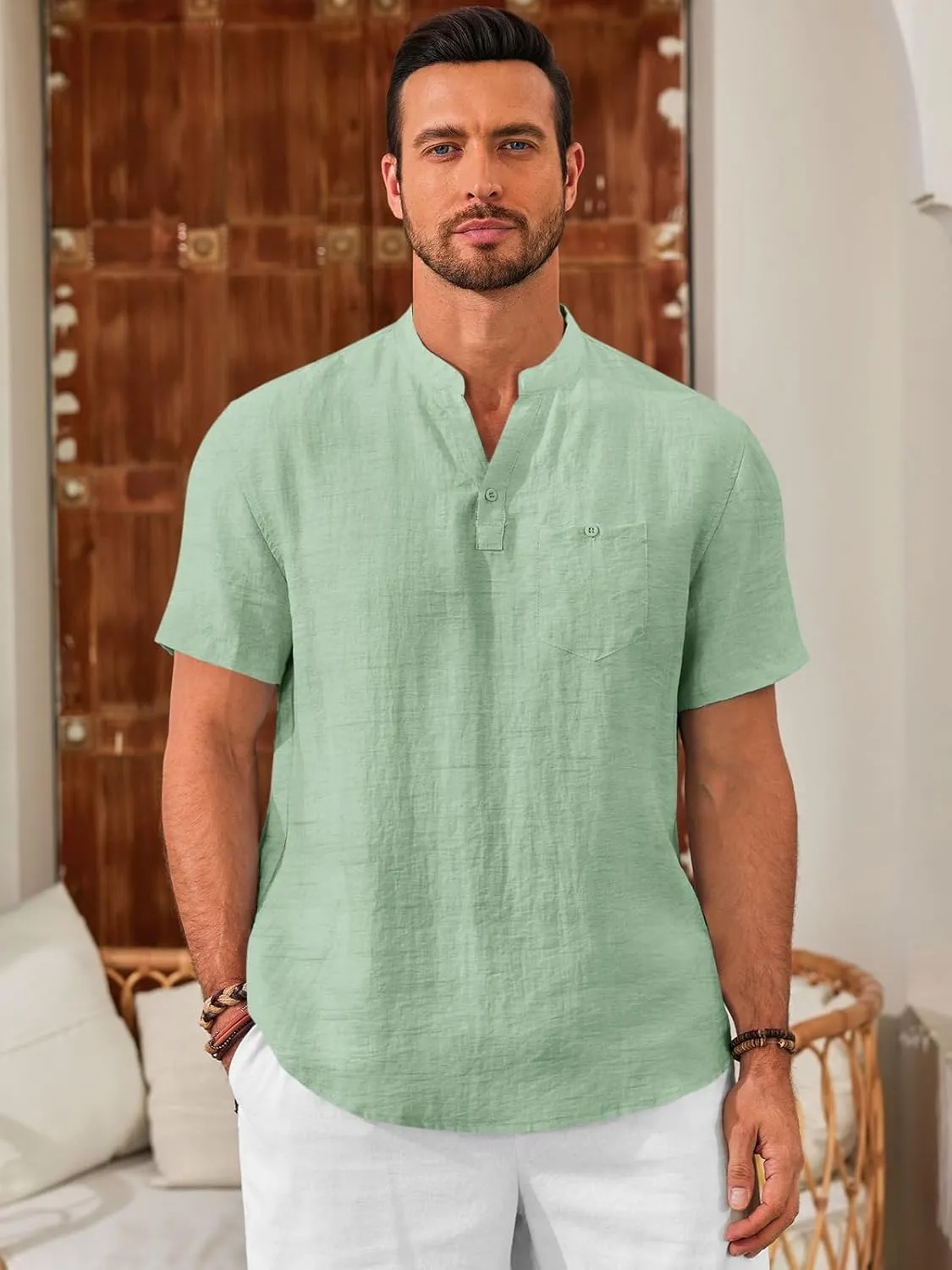Runcati Mens Henley Shirt Short Sleeve Linen Casual V Neck Summer Beach Hippie Band Collar Textured Tops