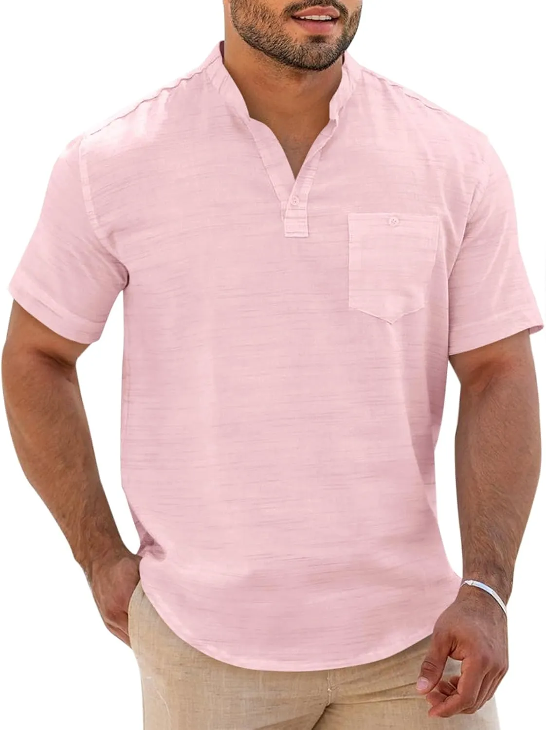 Runcati Mens Henley Shirt Short Sleeve Linen Casual V Neck Summer Beach Hippie Band Collar Textured Tops
