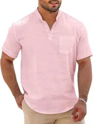 Runcati Mens Henley Shirt Short Sleeve Linen Casual V Neck Summer Beach Hippie Band Collar Textured Tops