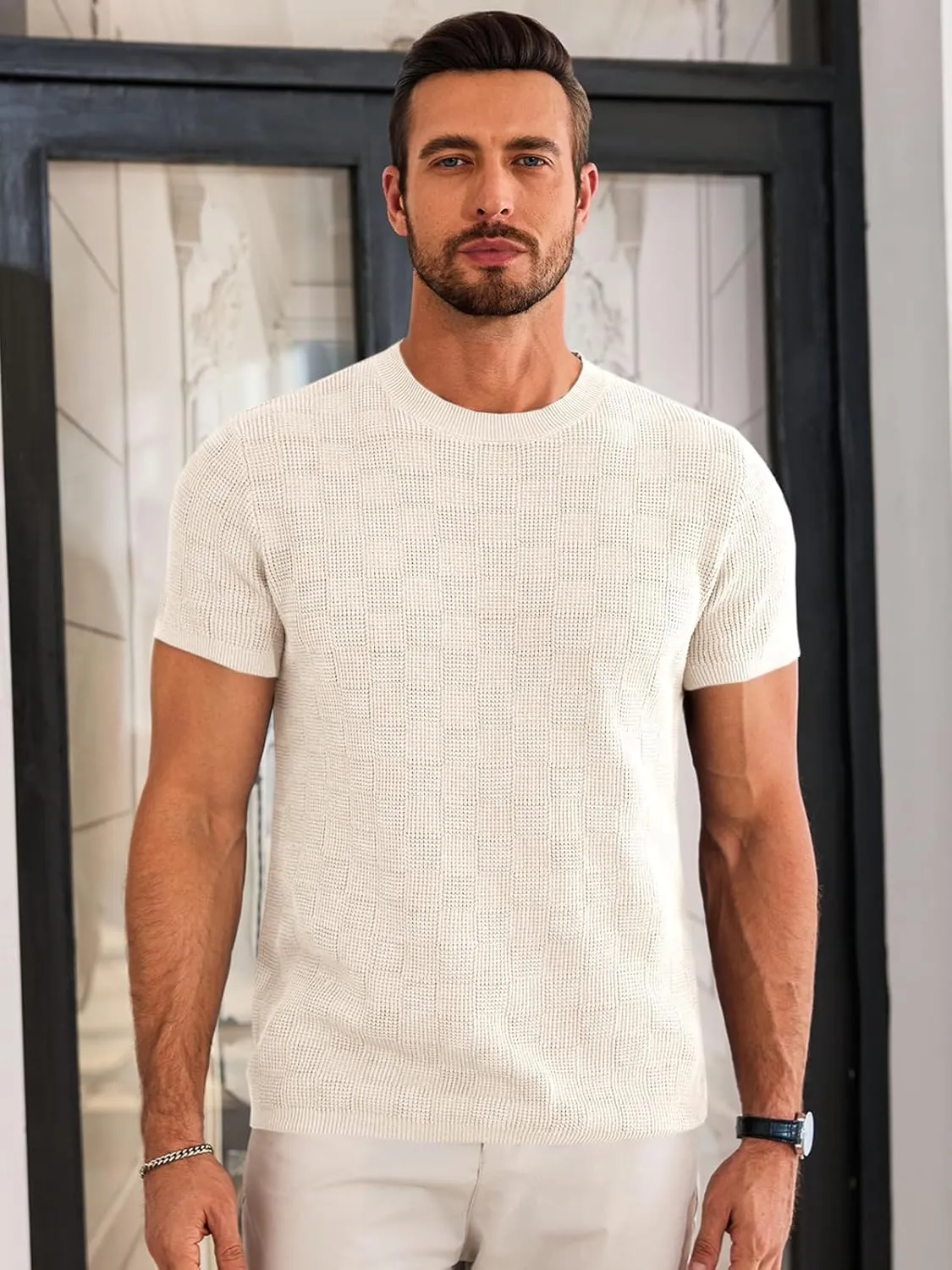 Runcati Mens Knit Short Sleeve T-Shirts Casual Crewneck Cotton Stretch Pullover Tees Summer Textured Tops
