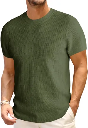 Runcati Mens Knit Short Sleeve T-Shirts Casual Crewneck Cotton Stretch Pullover Tees Summer Textured Tops
