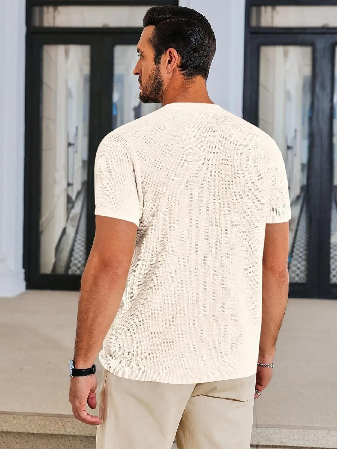 Runcati Mens Knit Short Sleeve T-Shirts Casual Crewneck Cotton Stretch Pullover Tees Summer Textured Tops