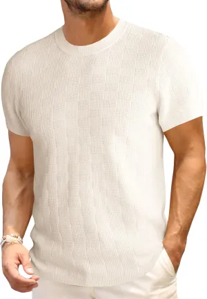 Runcati Mens Knit Short Sleeve T-Shirts Casual Crewneck Cotton Stretch Pullover Tees Summer Textured Tops