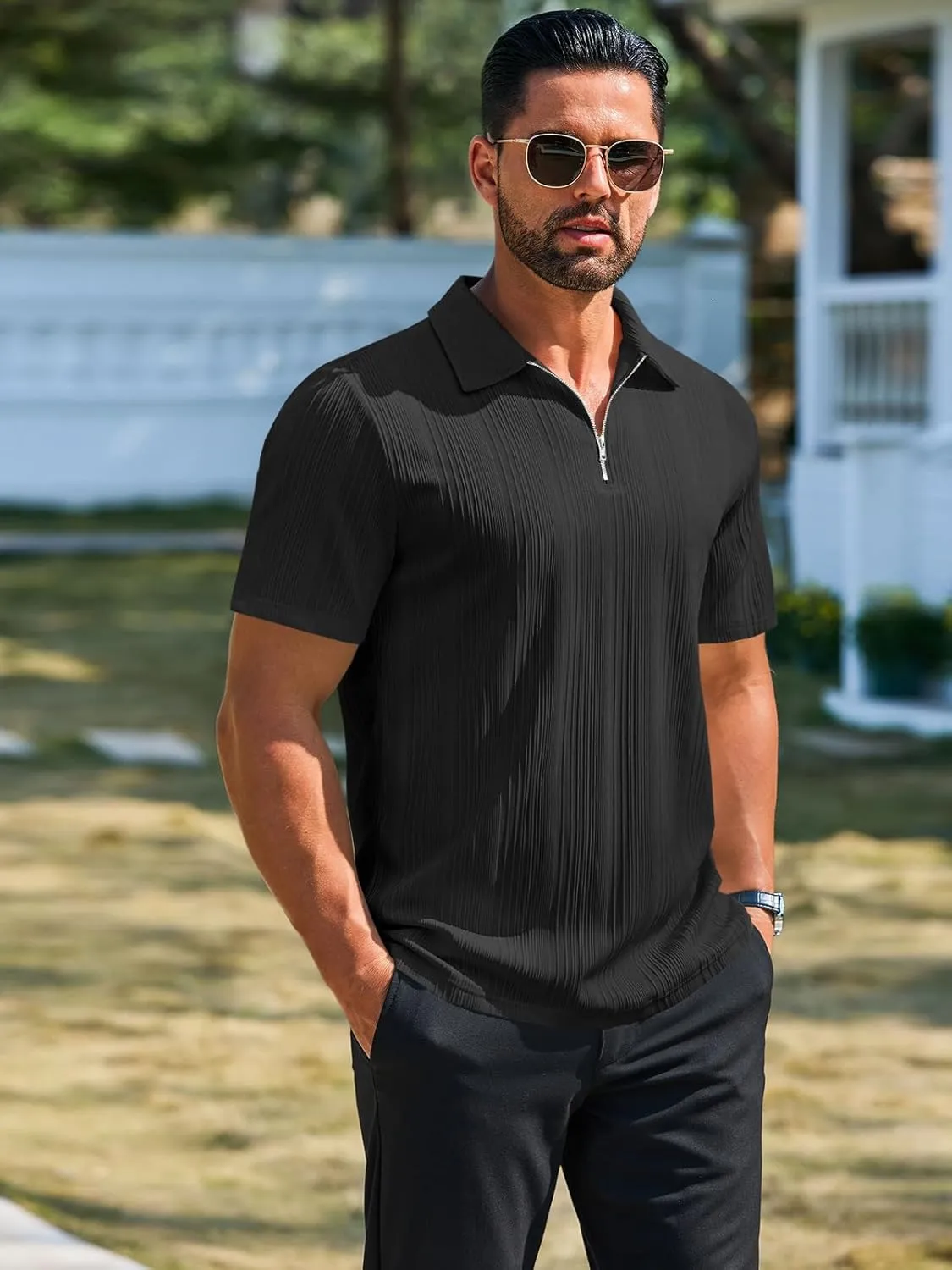 Runcati Mens Quarter Zip Polo Shirts Knit Textured Casual Short Sleeve Shirt Lightweight Golf Tops