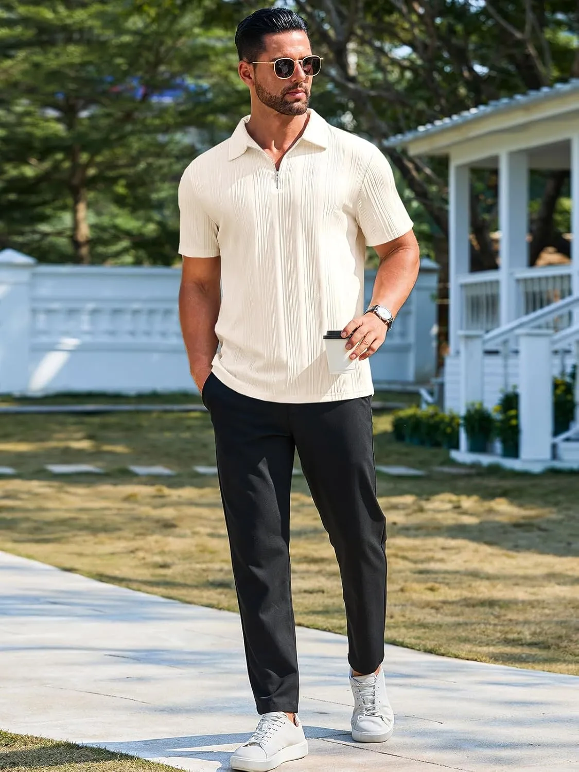 Runcati Mens Quarter Zip Polo Shirts Knit Textured Casual Short Sleeve Shirt Lightweight Golf Tops