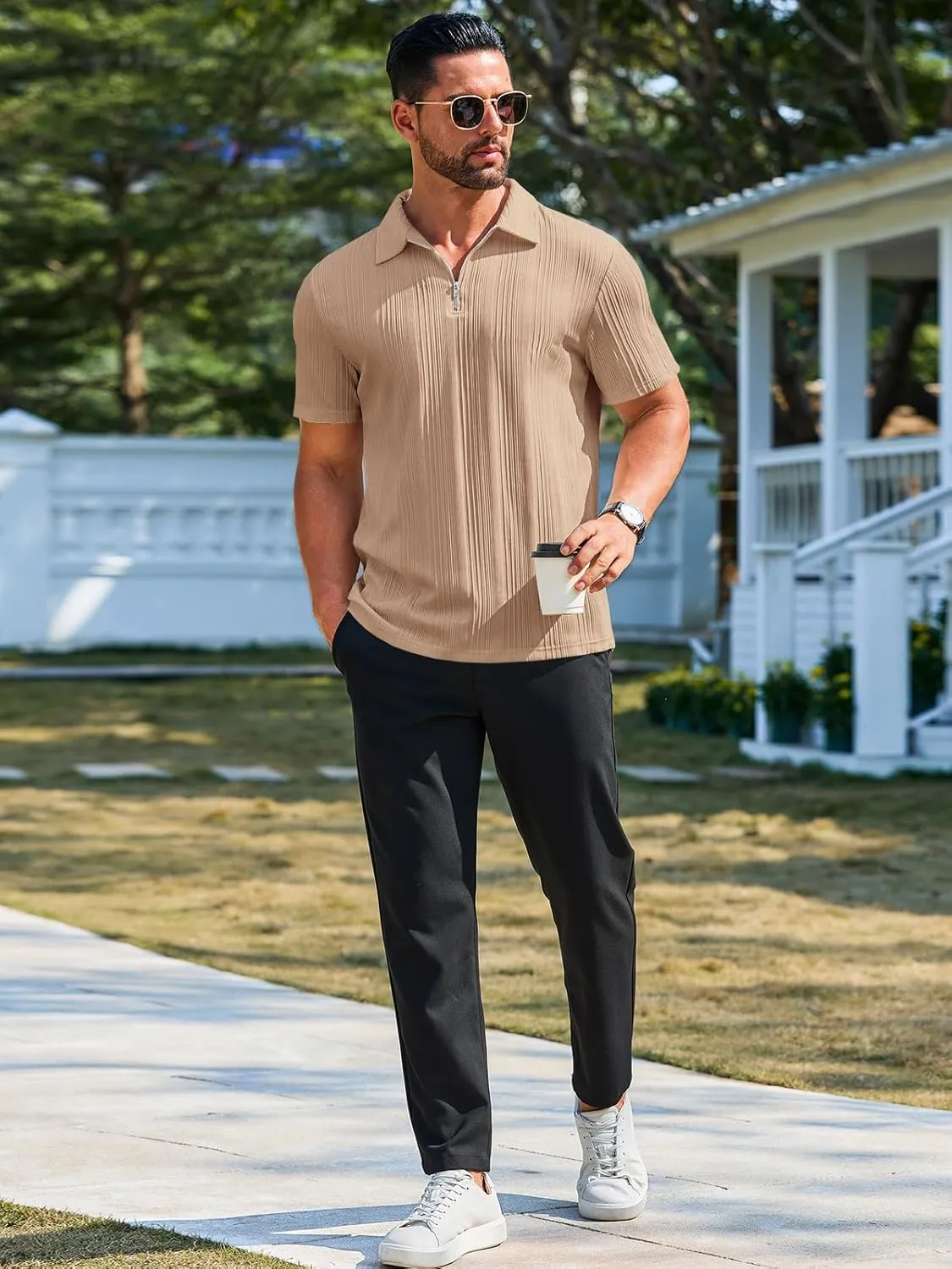 Runcati Mens Quarter Zip Polo Shirts Knit Textured Casual Short Sleeve Shirt Lightweight Golf Tops