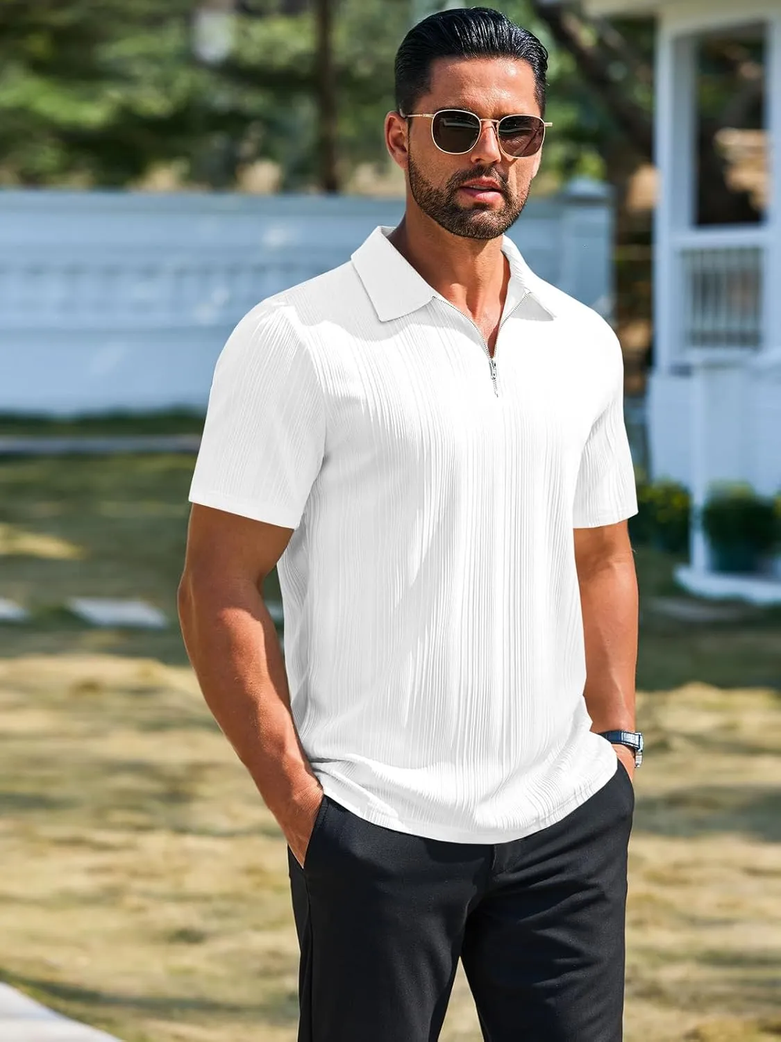 Runcati Mens Quarter Zip Polo Shirts Knit Textured Casual Short Sleeve Shirt Lightweight Golf Tops