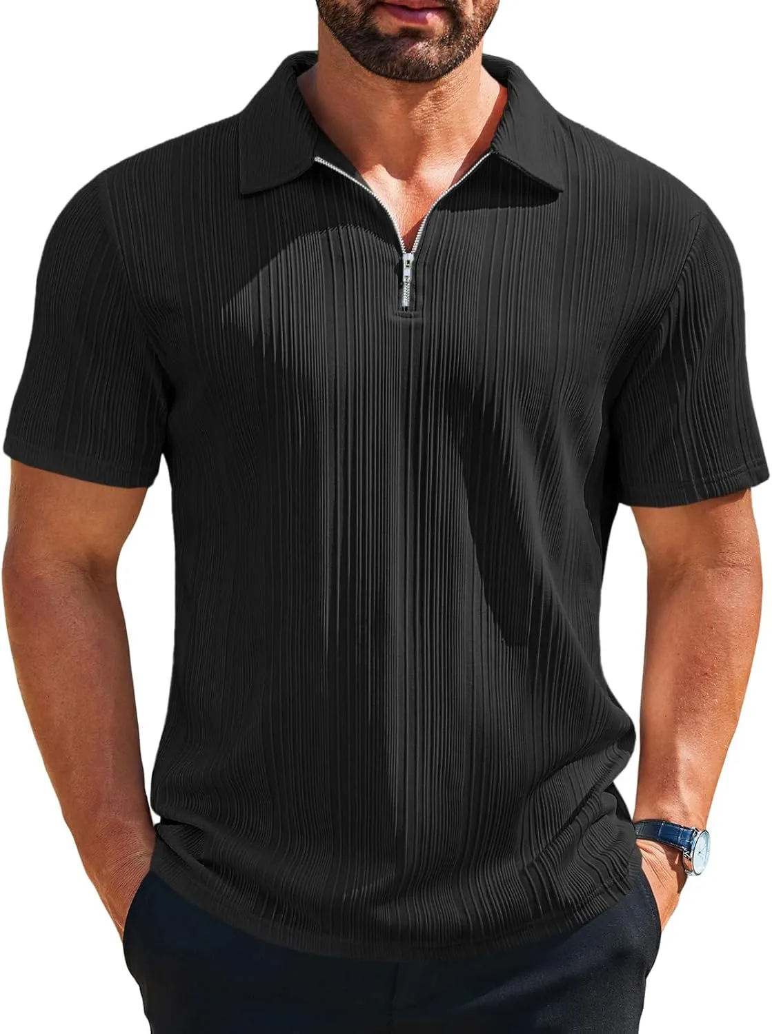 Runcati Mens Quarter Zip Polo Shirts Knit Textured Casual Short Sleeve Shirt Lightweight Golf Tops