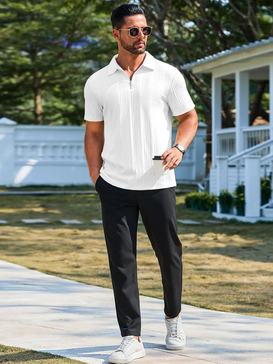 Runcati Mens Quarter Zip Polo Shirts Knit Textured Casual Short Sleeve Shirt Lightweight Golf Tops