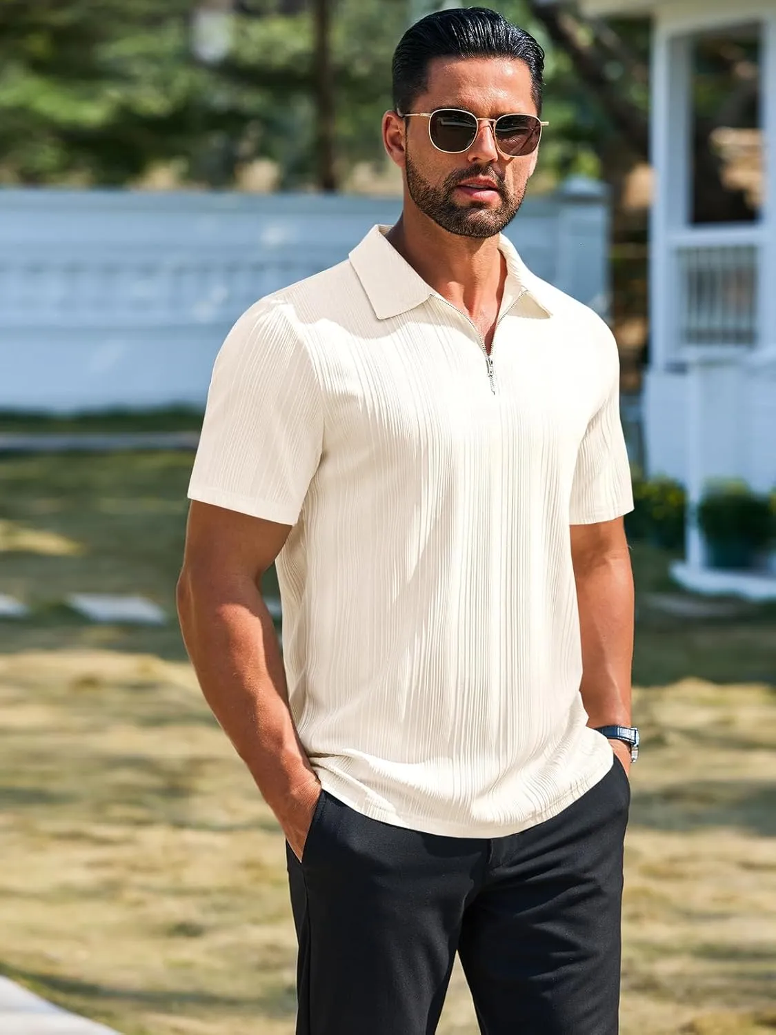 Runcati Mens Quarter Zip Polo Shirts Knit Textured Casual Short Sleeve Shirt Lightweight Golf Tops