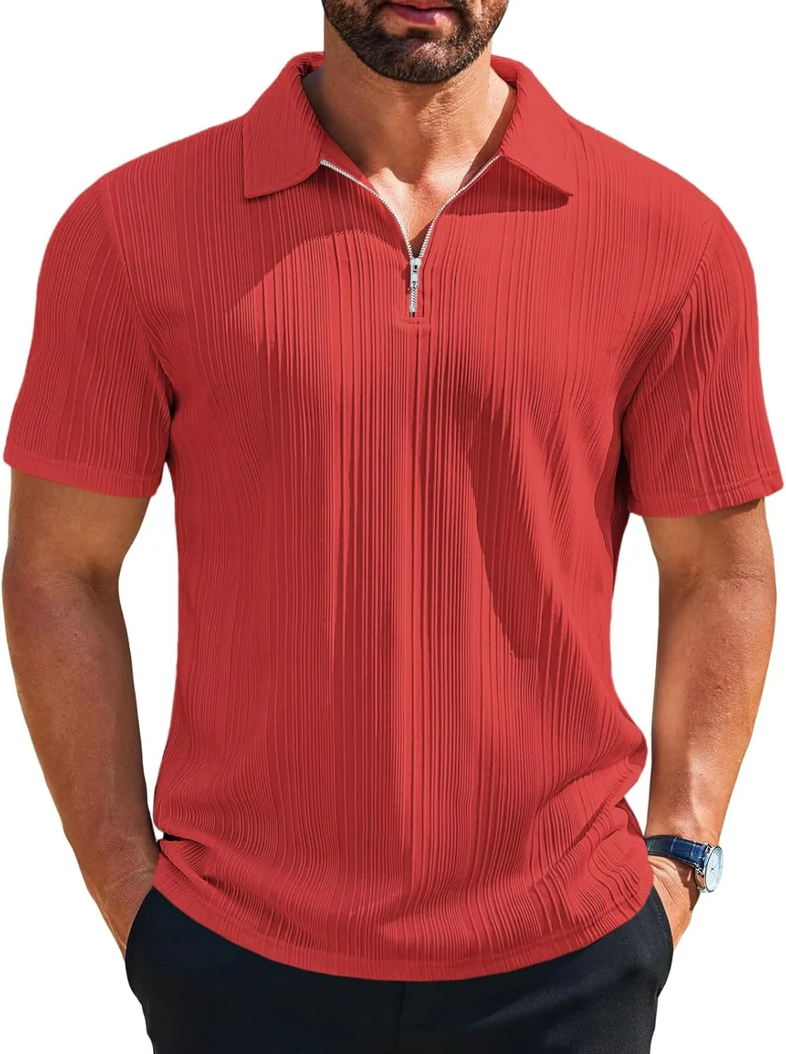 Runcati Mens Quarter Zip Polo Shirts Knit Textured Casual Short Sleeve Shirt Lightweight Golf Tops