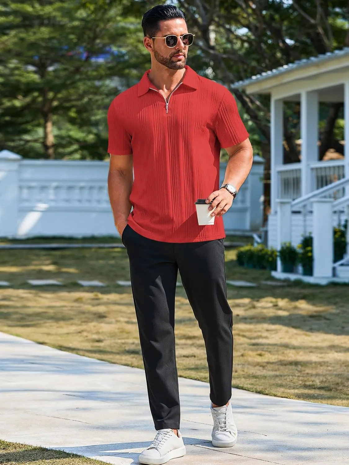Runcati Mens Quarter Zip Polo Shirts Knit Textured Casual Short Sleeve Shirt Lightweight Golf Tops