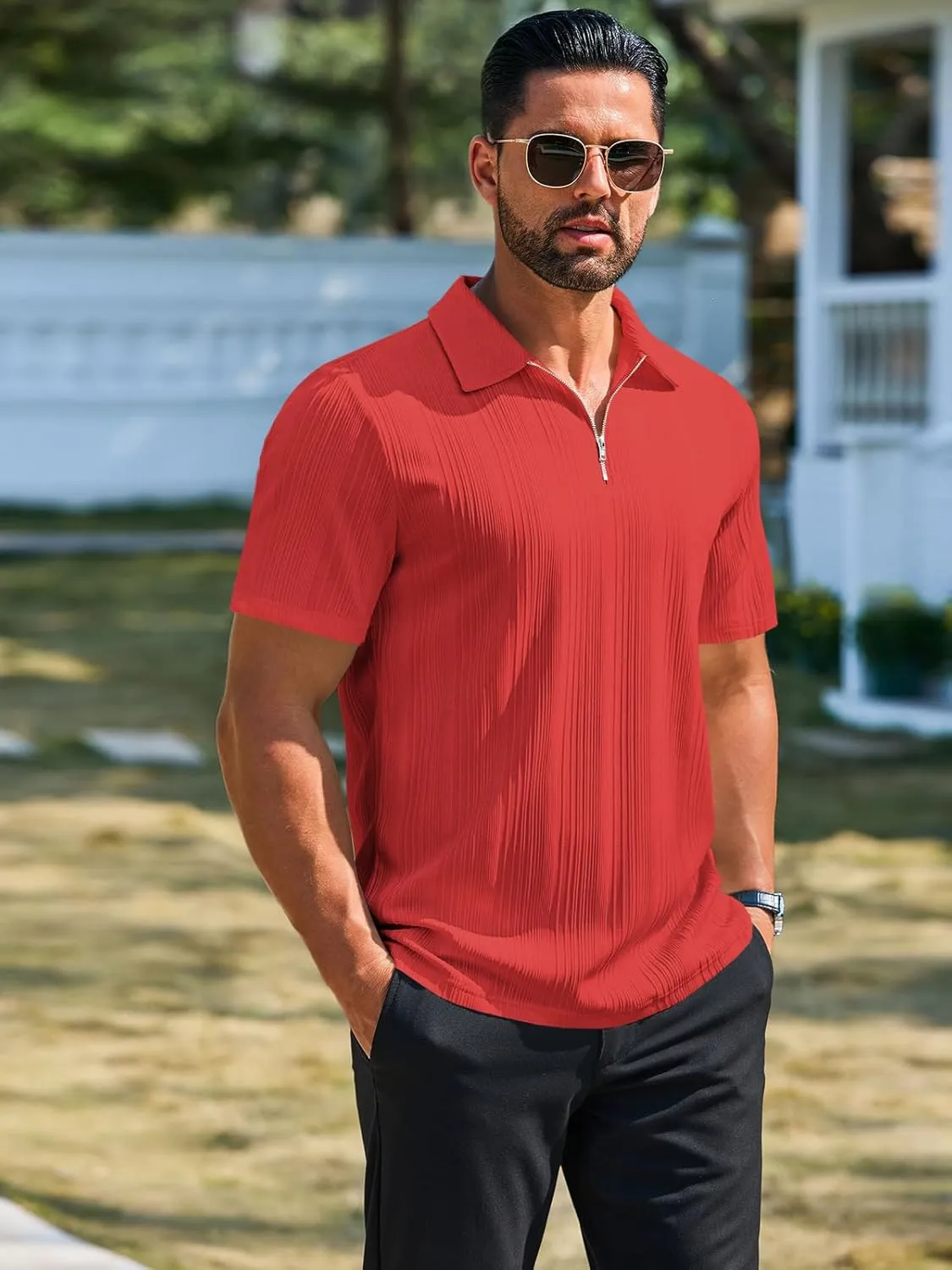 Runcati Mens Quarter Zip Polo Shirts Knit Textured Casual Short Sleeve Shirt Lightweight Golf Tops