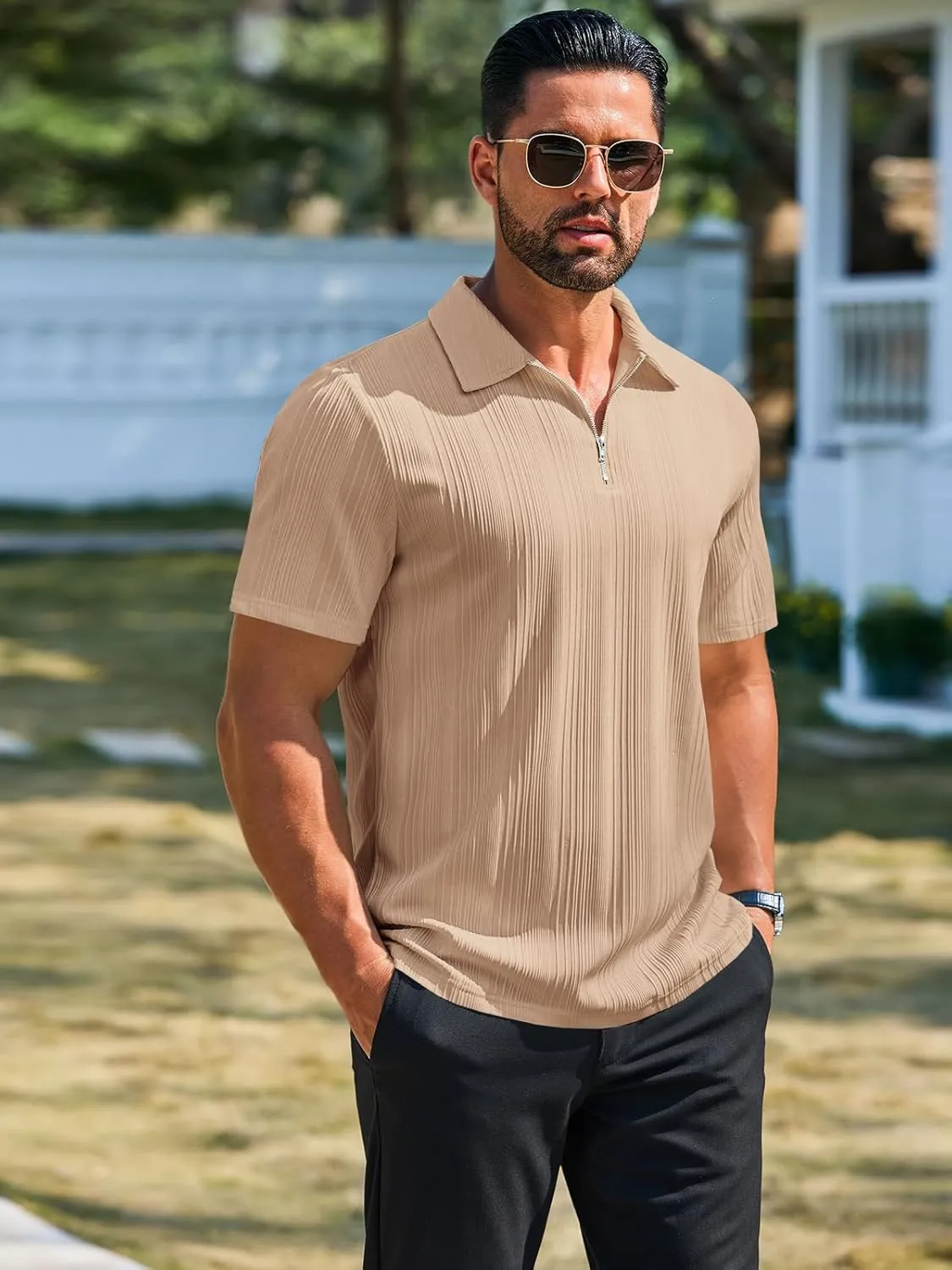 Runcati Mens Quarter Zip Polo Shirts Knit Textured Casual Short Sleeve Shirt Lightweight Golf Tops
