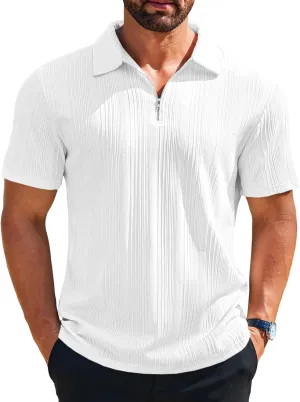 Runcati Mens Quarter Zip Polo Shirts Knit Textured Casual Short Sleeve Shirt Lightweight Golf Tops